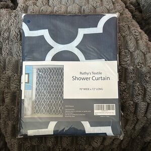 Blue and White Shower Curtain with Geometric Pattern